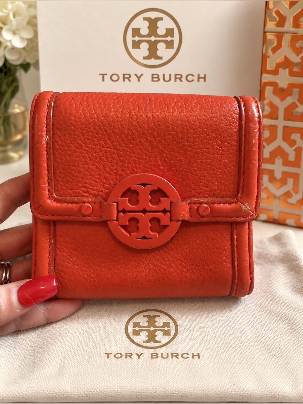 Tory Burch Bright Orange Pebbled Leather Trifold Wallet